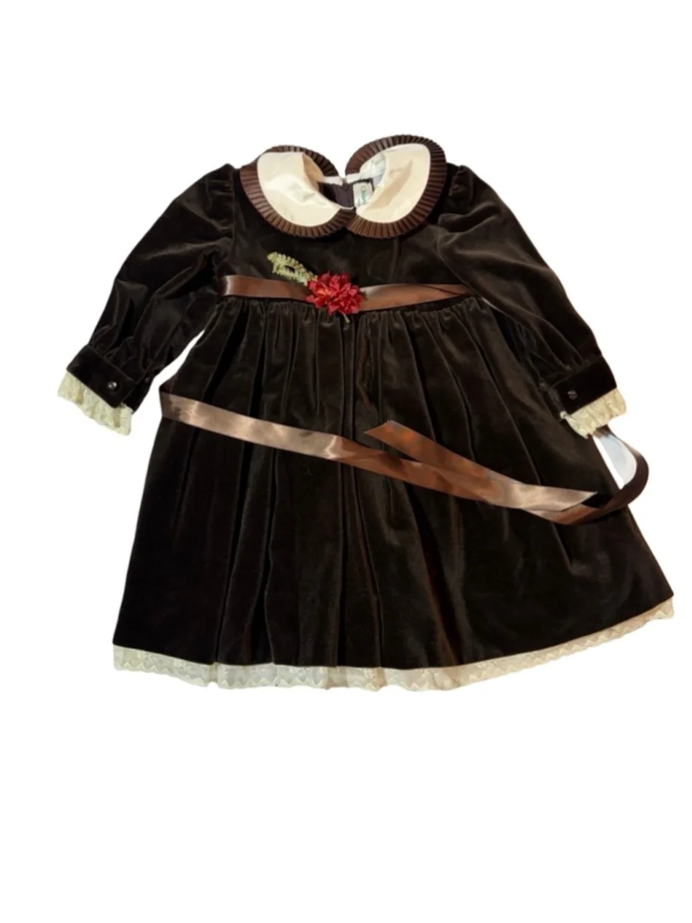 Chiaretta G Roma Velvet Dress Brown Cream Peter Pan Collar Pageant Holiday